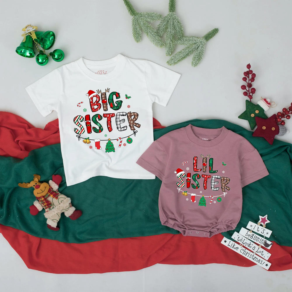 Christmas Big Sister Lil Sister Matching Shirts with Festive Patterns Santa Hat Antlers Ornaments Perfect Holiday Baby Gift Tee