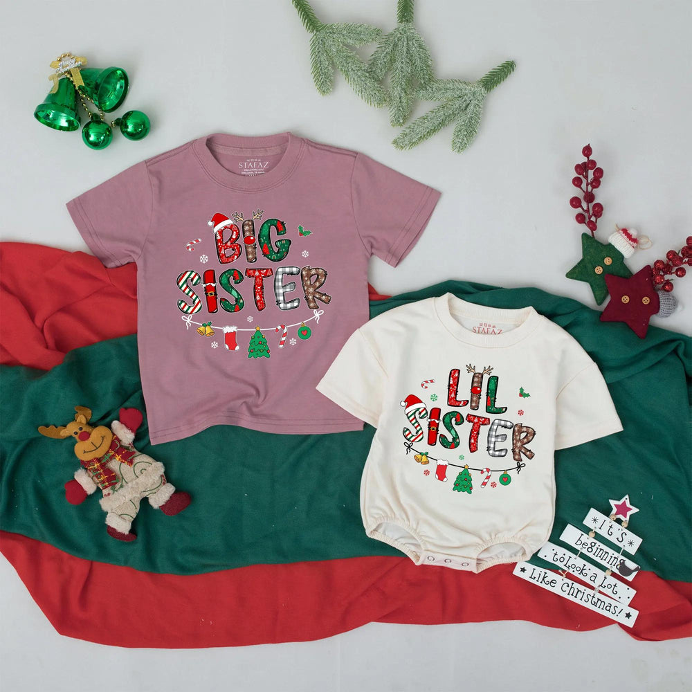 Christmas Big Sister Lil Sister Matching Shirts with Festive Patterns Santa Hat Antlers Ornaments Perfect Holiday Baby Gift Tee