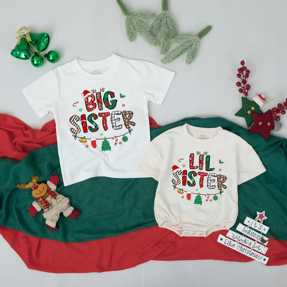 Christmas Big Sister Lil Sister Matching Shirts with Festive Patterns Santa Hat Antlers Ornaments Perfect Holiday Baby Gift Tee