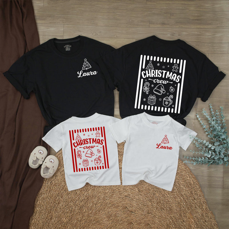 Christmas Crew Matching Family Shirts with Red Holiday Graphics, Custom Name Baby Romper, Festive Holiday Sweatshirts for All