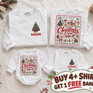 Christmas Crew Matching Family Sweatshirts & Baby Rompers with Custom Name, Tree Graphic, Holiday Outfits, Buy 4 Get 1 Free