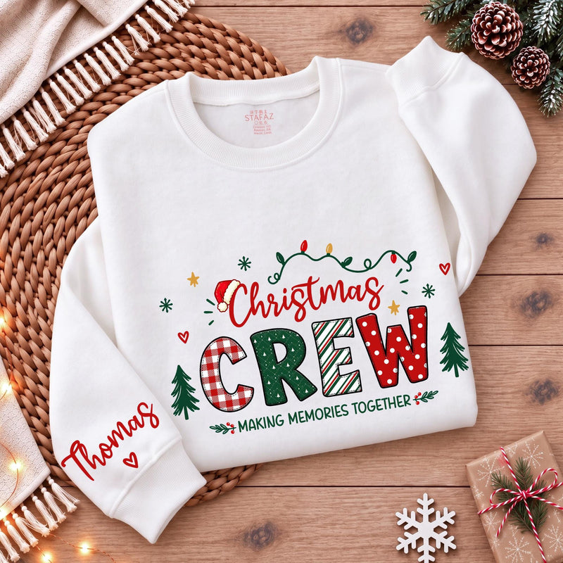Christmas Crew Sweatshirt with Festive Lights and Custom Name, Matching Family Holiday Crewneck for Christmas Gatherings
