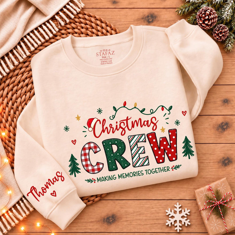 Christmas Crew Sweatshirt with Festive Lights and Custom Name, Matching Family Holiday Crewneck for Christmas Gatherings