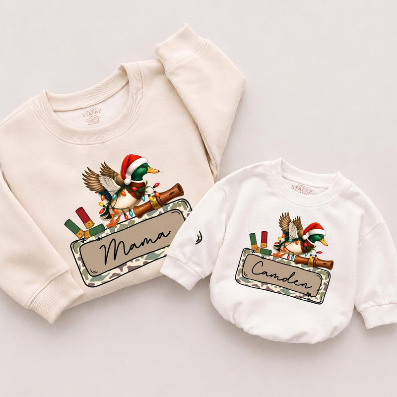Christmas Mallard Duck Hunting Sweatshirts with Custom Name, Family Matching Holiday Sweaters, Camo Xmas Outfit for All Ages