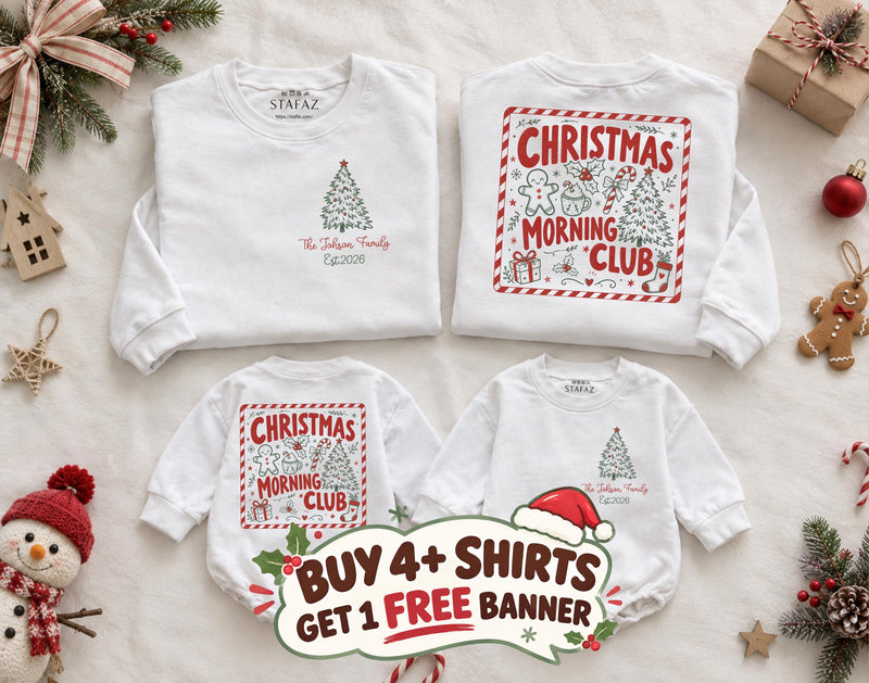 Christmas Morning Club Matching Family Sweatshirts with Custom Name, Holiday Pajama Shirts for Xmas Gatherings, Buy 4 Get 1 Free