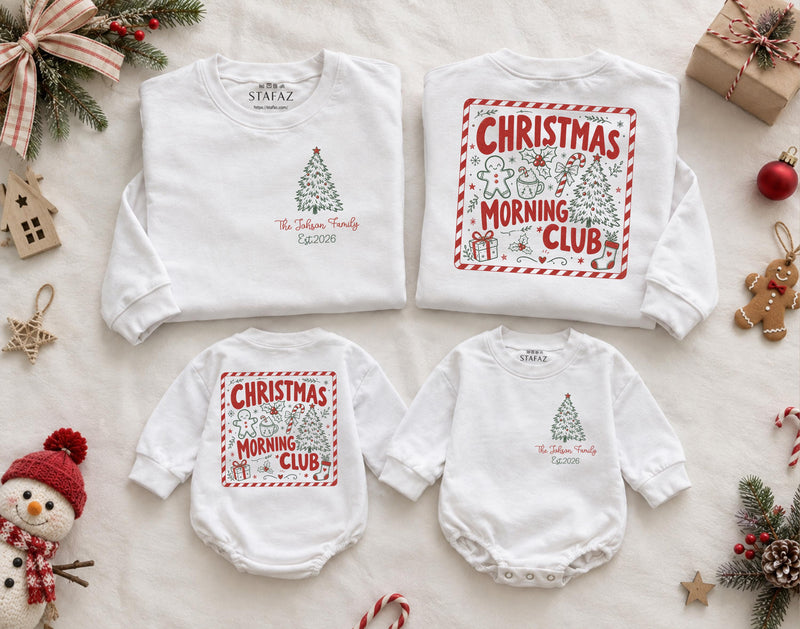 Christmas Morning Club Matching Family Sweatshirts with Custom Name, Holiday Pajama Shirts for Xmas Gatherings, Buy 4 Get 1 Free