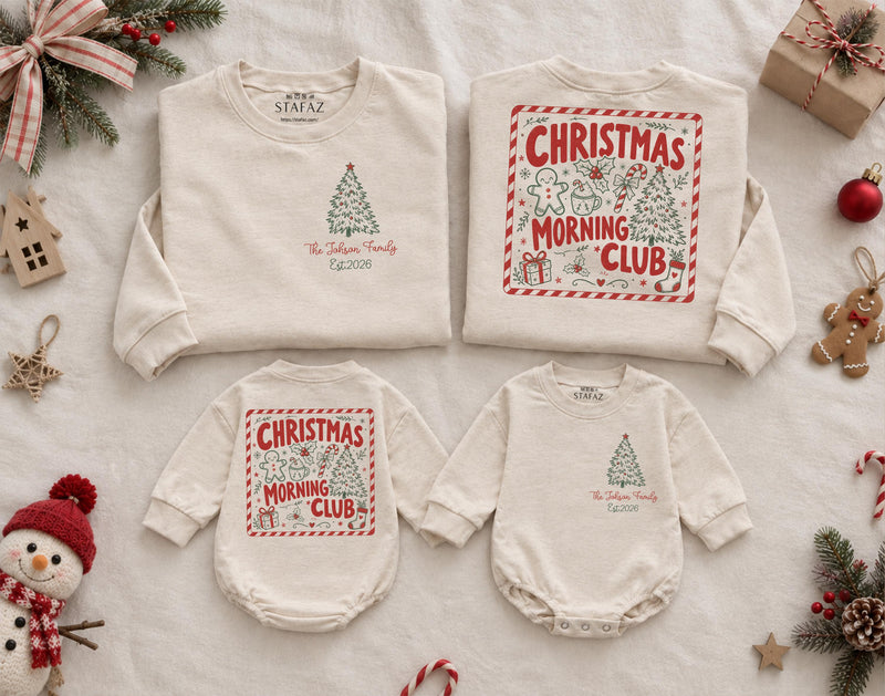 Christmas Morning Club Matching Family Sweatshirts with Custom Name, Holiday Pajama Shirts for Xmas Gatherings, Buy 4 Get 1 Free