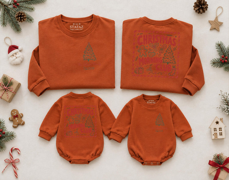 Christmas Morning Club Matching Family Sweatshirts with Custom Name, Holiday Pajama Shirts for Xmas Gatherings, Buy 4 Get 1 Free