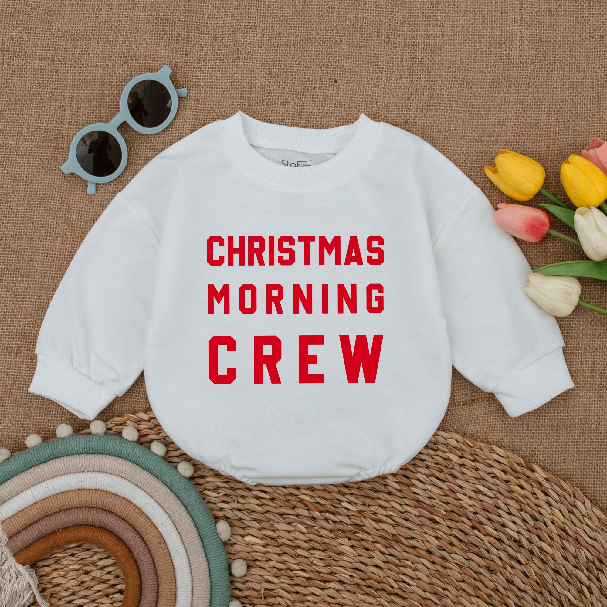 Christmas Morning Crew Baby Romper Red Text Holiday Bodysuit Cute First Christmas Outfit Infant Clothing Soft Cotton Festive Shower Gift