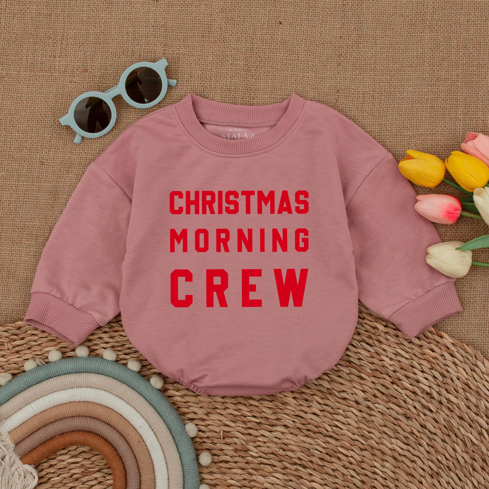 Christmas Morning Crew Baby Romper Red Text Holiday Bodysuit Cute First Christmas Outfit Infant Clothing Soft Cotton Festive Shower Gift