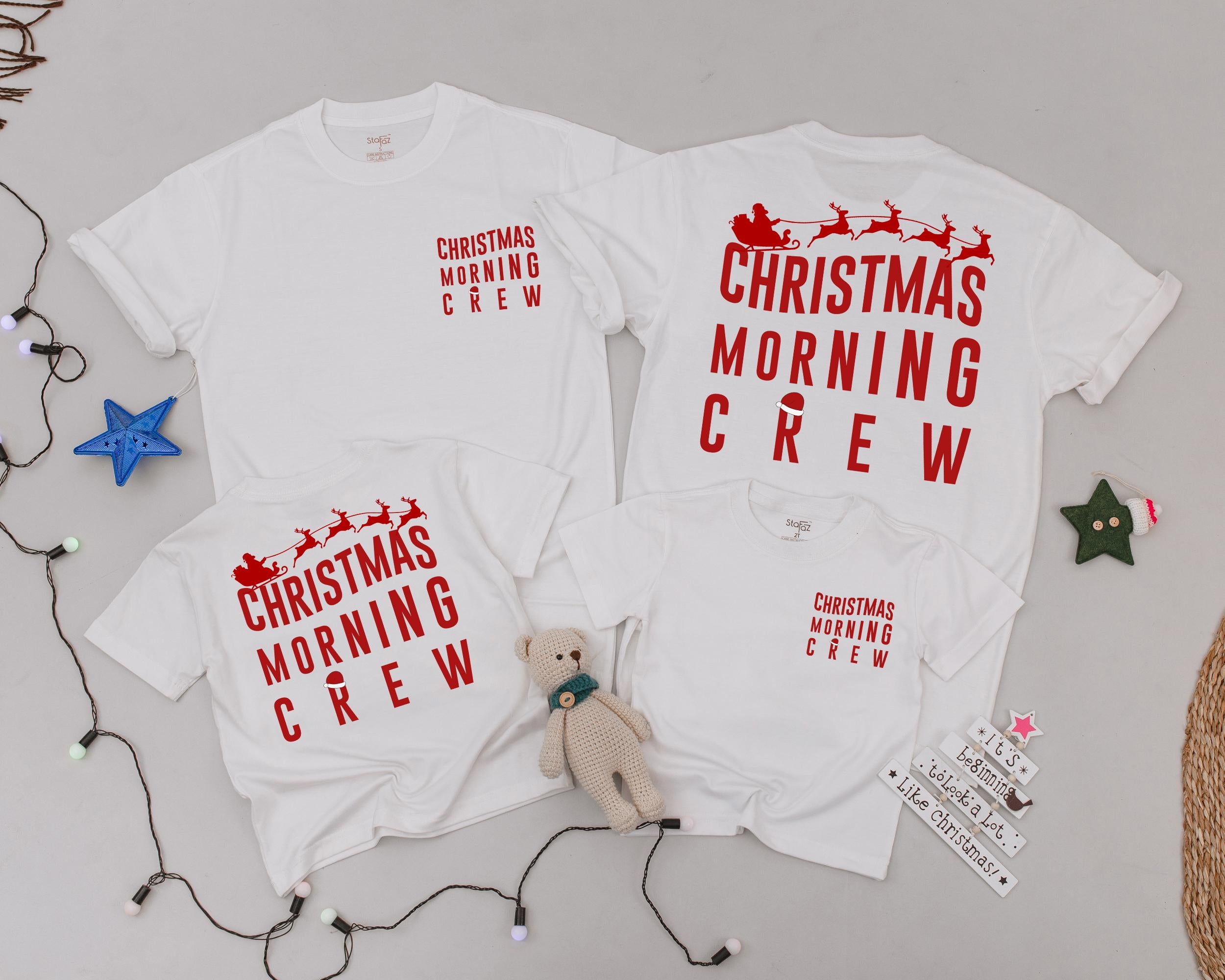 Christmas Morning Crew Vintage Family Shirts Santa Reindeer Matching Outfits for Mom Dad Kids Fun Holiday Style Cheerful Design