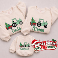 Christmas Tractor Family Sweatshirts with Custom Names, Matching Holiday Pajamas, Festive Tree Design, Free 40x30 Banner Included