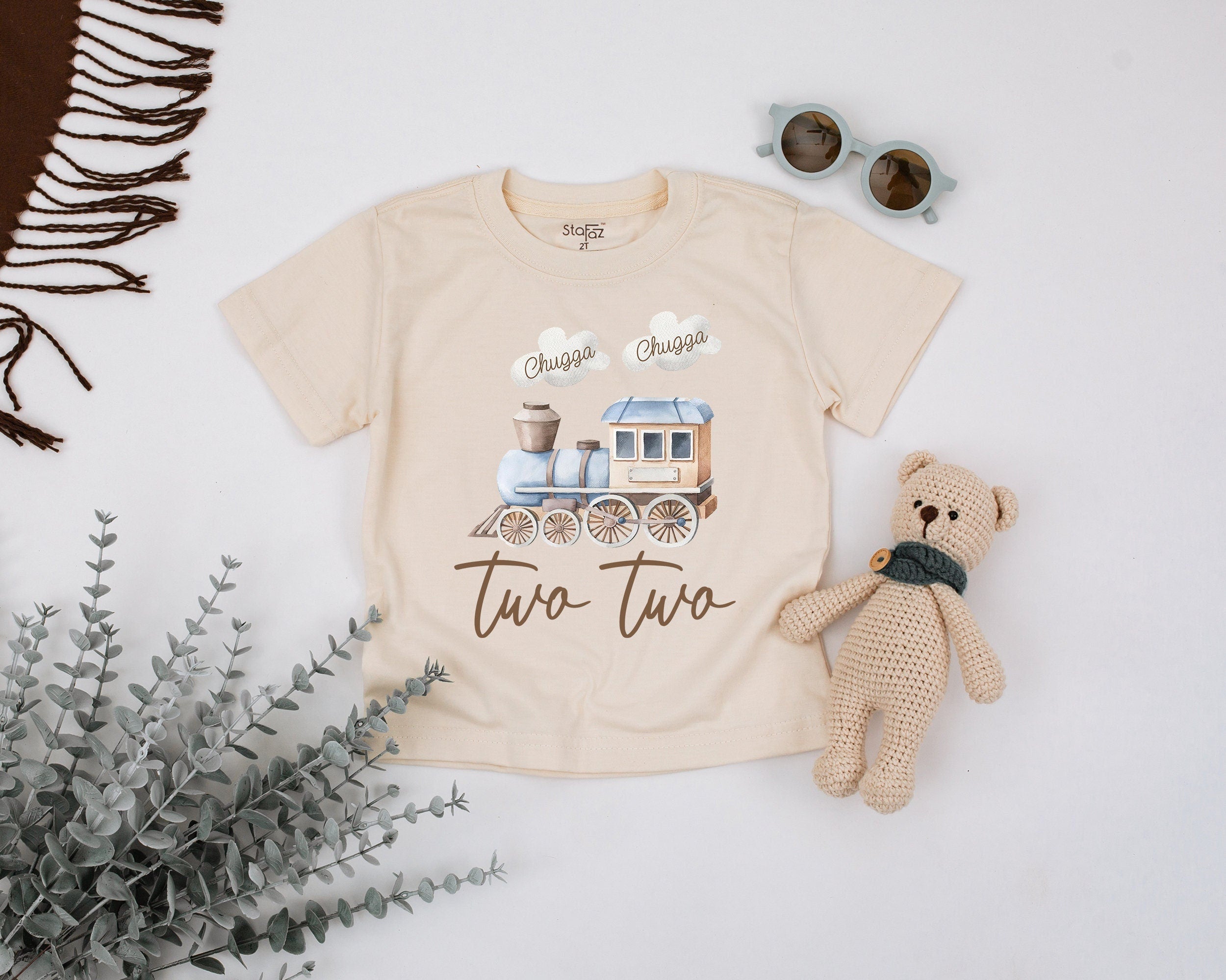 Chugga Chugga Two Two Train Birthday Shirt for Toddler Boys or Girls Soft Cotton 2nd Birthday Outfit Nostalgic Watercolor Design