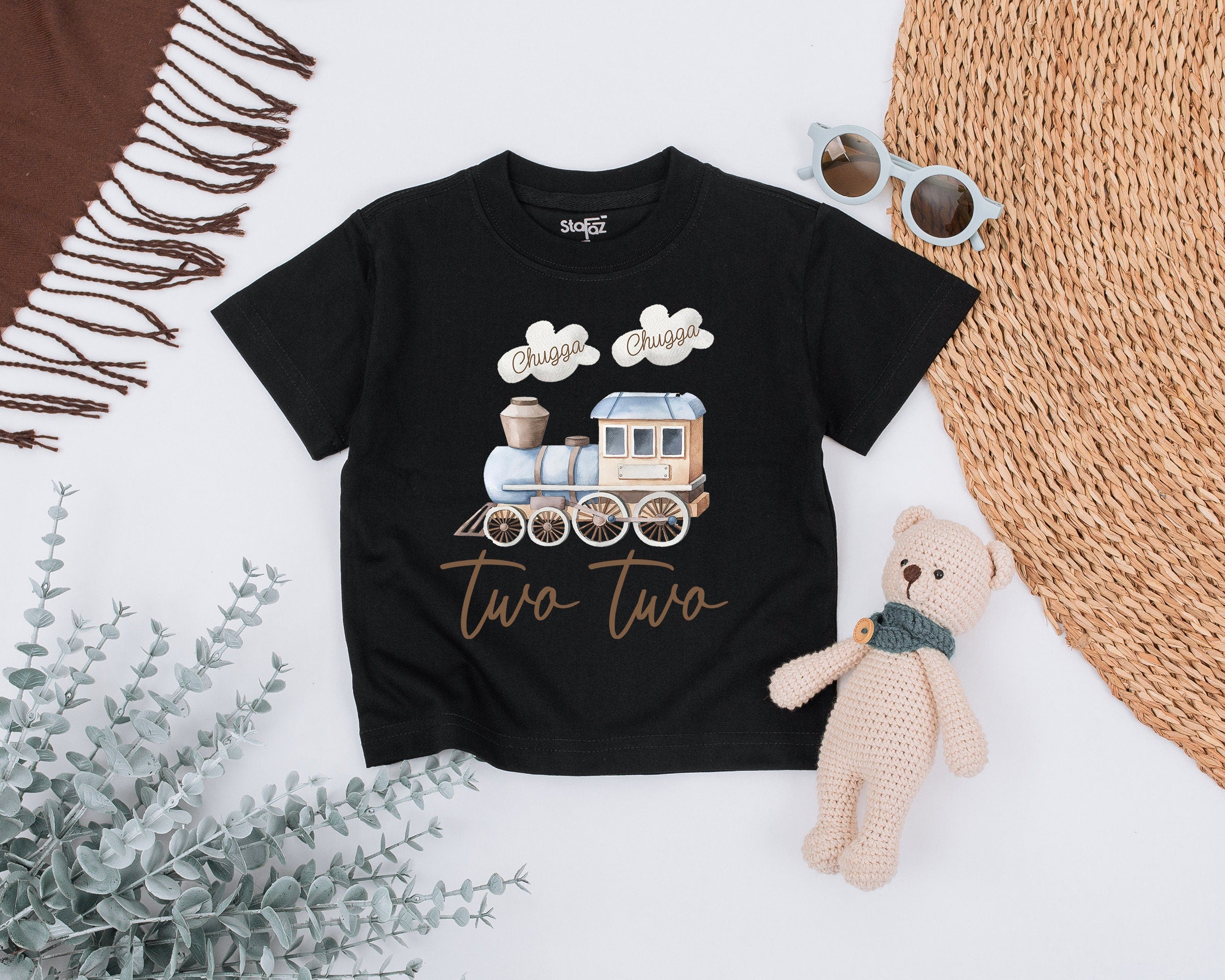 Chugga Chugga Two Two Train Birthday Shirt for Toddler Boys or Girls Soft Cotton 2nd Birthday Outfit Nostalgic Watercolor Design