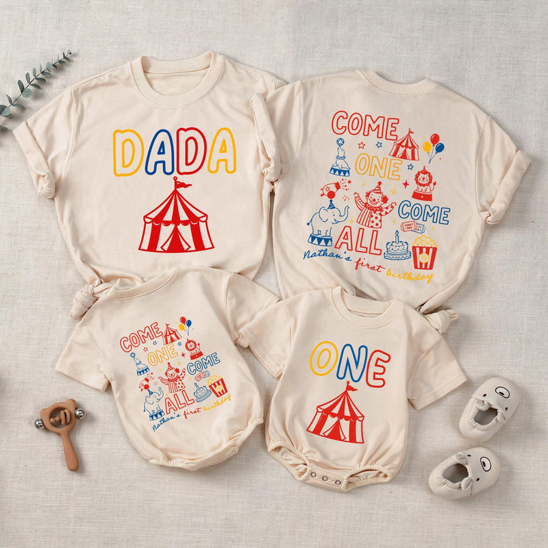 Circus Theme Matching Family Shirts & Baby Romper, Custom 'Come One Come All' Birthday Outfit for Mom, Dad, Toddler, Soft Cotton