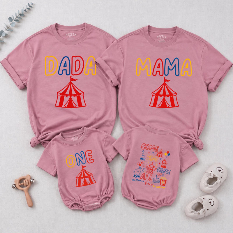 Circus Theme Matching Family Shirts & Baby Romper, Custom 'Come One Come All' Birthday Outfit for Mom, Dad, Toddler, Soft Cotton