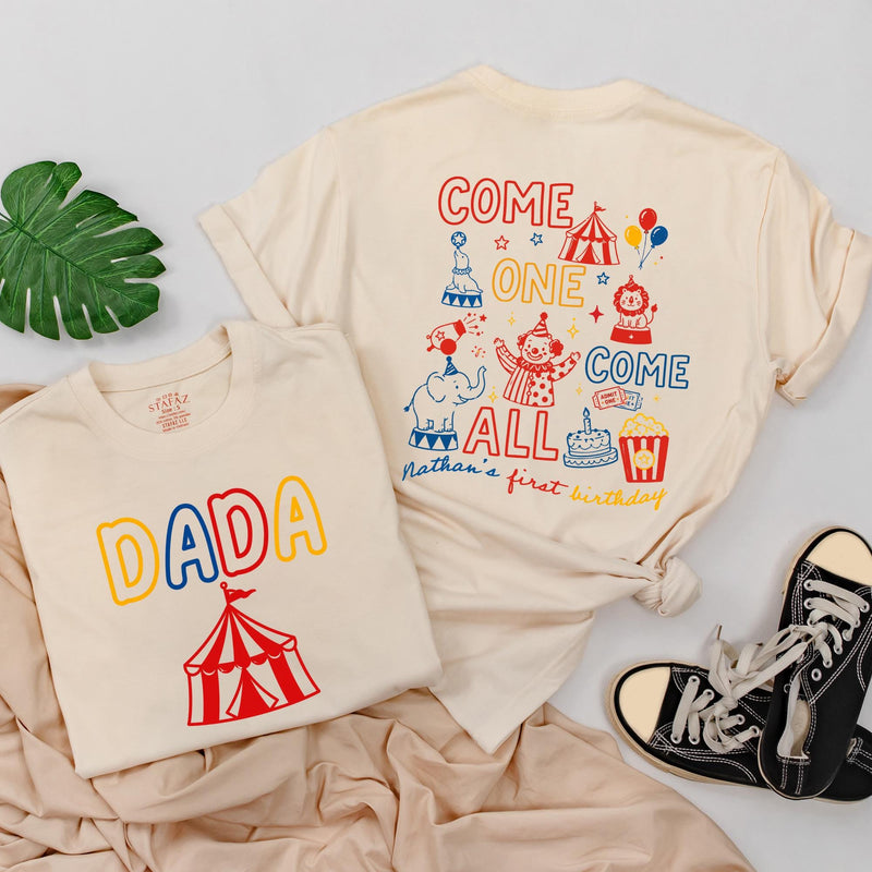 Circus Theme Matching Family Shirts & Baby Romper, Custom 'Come One Come All' Birthday Outfit for Mom, Dad, Toddler, Soft Cotton