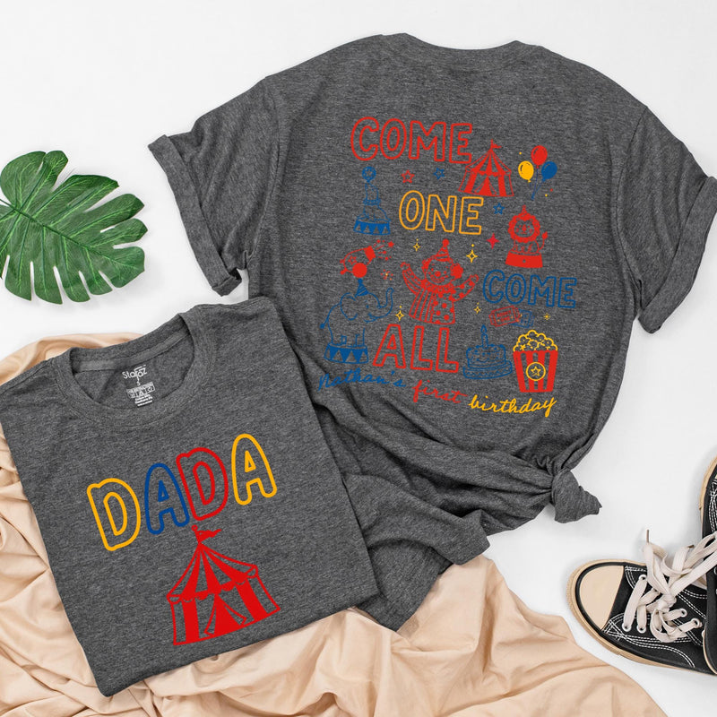 Circus Theme Matching Family Shirts & Baby Romper, Custom 'Come One Come All' Birthday Outfit for Mom, Dad, Toddler, Soft Cotton