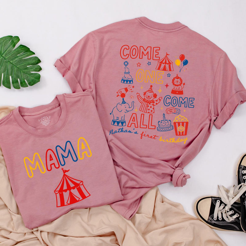 Circus Theme Matching Family Shirts & Baby Romper, Custom 'Come One Come All' Birthday Outfit for Mom, Dad, Toddler, Soft Cotton