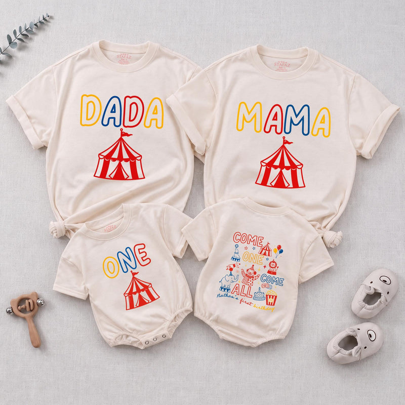 Circus Theme Matching Family Shirts & Baby Romper, Custom 'Come One Come All' Birthday Outfit for Mom, Dad, Toddler, Soft Cotton