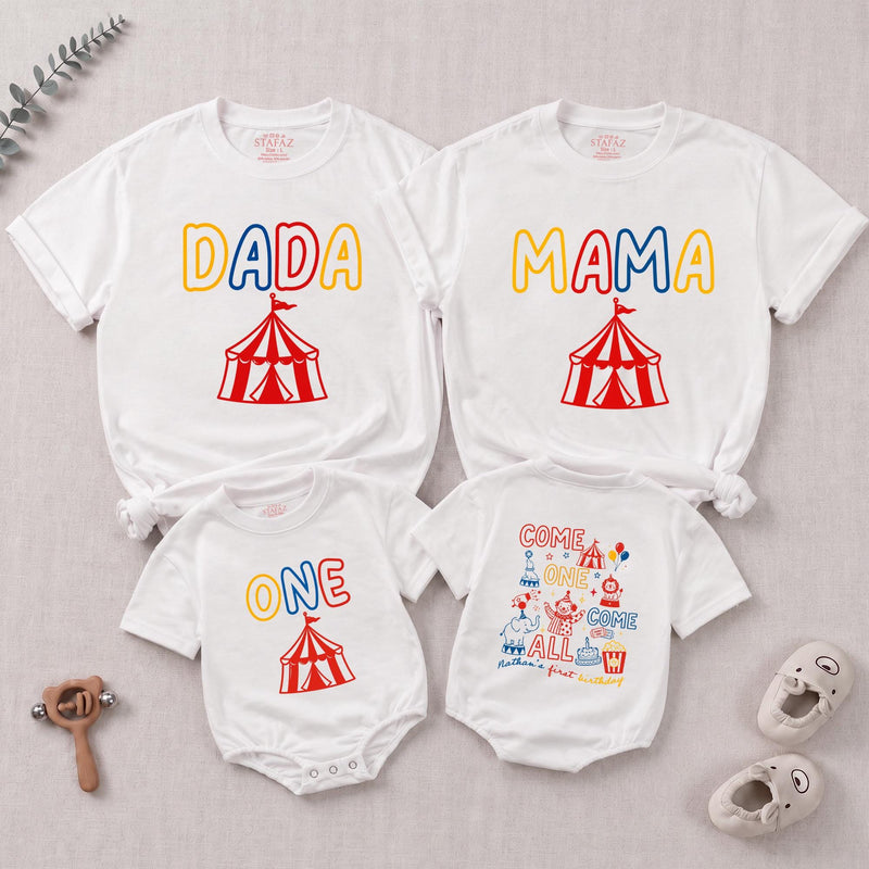 Circus Theme Matching Family Shirts & Baby Romper, Custom 'Come One Come All' Birthday Outfit for Mom, Dad, Toddler, Soft Cotton