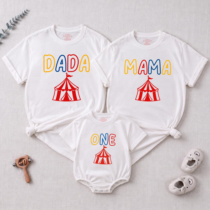 Circus Theme Matching Family Shirts & Baby Romper, Custom 'Come One Come All' Birthday Outfit for Mom, Dad, Toddler, Soft Cotton