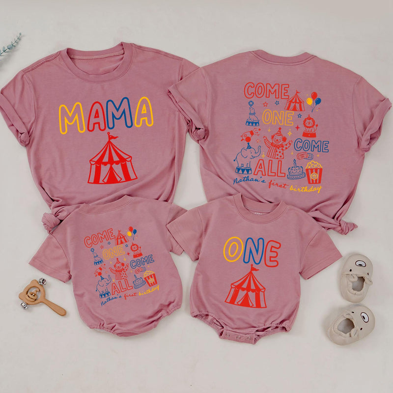 Circus Theme Matching Family Shirts & Baby Romper, Custom 'Come One Come All' Birthday Outfit for Mom, Dad, Toddler, Soft Cotton