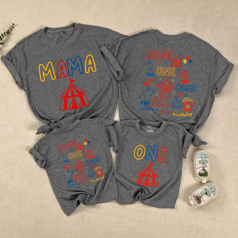 Circus Theme Matching Family Shirts & Baby Romper, Custom 'Come One Come All' Birthday Outfit for Mom, Dad, Toddler, Soft Cotton