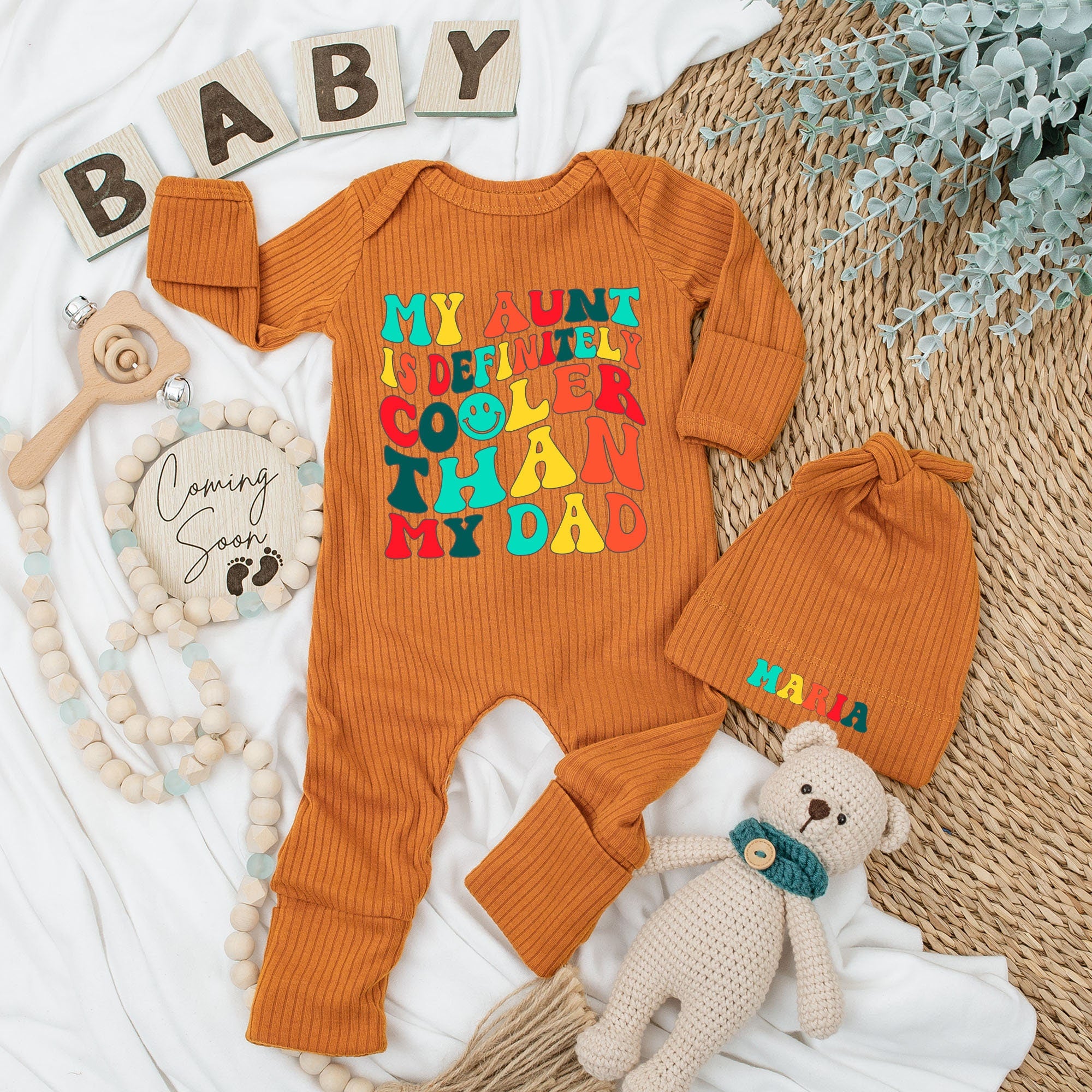 Colorful My Aunt Is Cooler Than Dad Baby Bodysuit and Hat Set Personalized Newborn Gift Long Sleeve Vintage Style