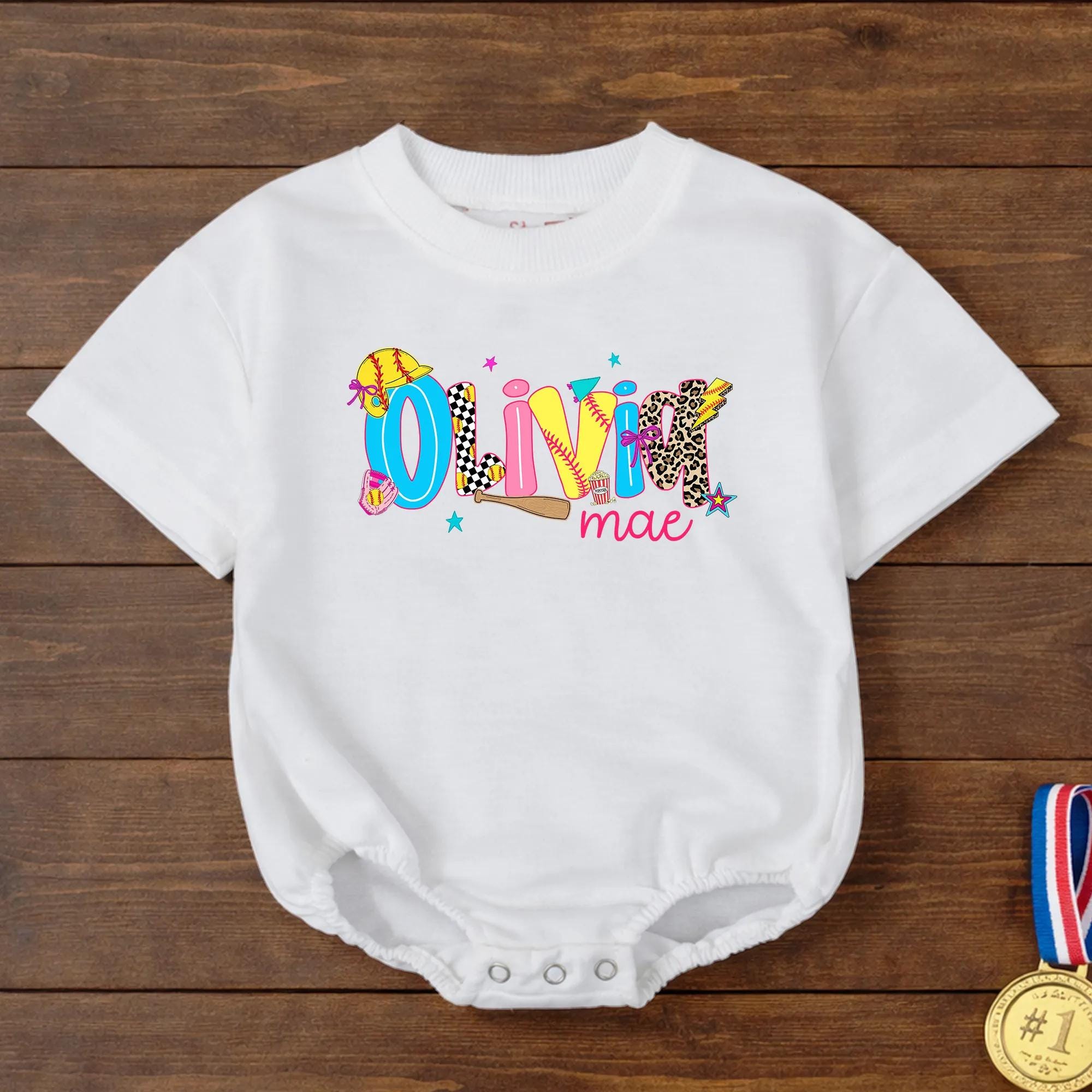 Colorful Softball Themed Baby Romper with Custom Name, Girls' Sports Outfit for Milestone Photos, Baby Shower Gift Idea