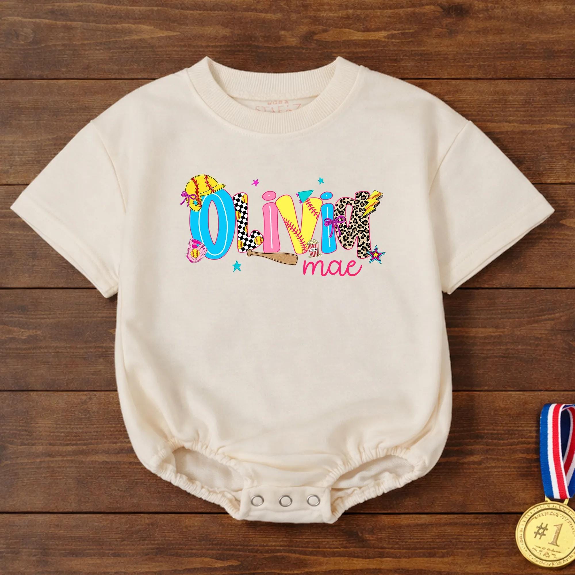 Colorful Softball Themed Baby Romper with Custom Name, Girls' Sports Outfit for Milestone Photos, Baby Shower Gift Idea