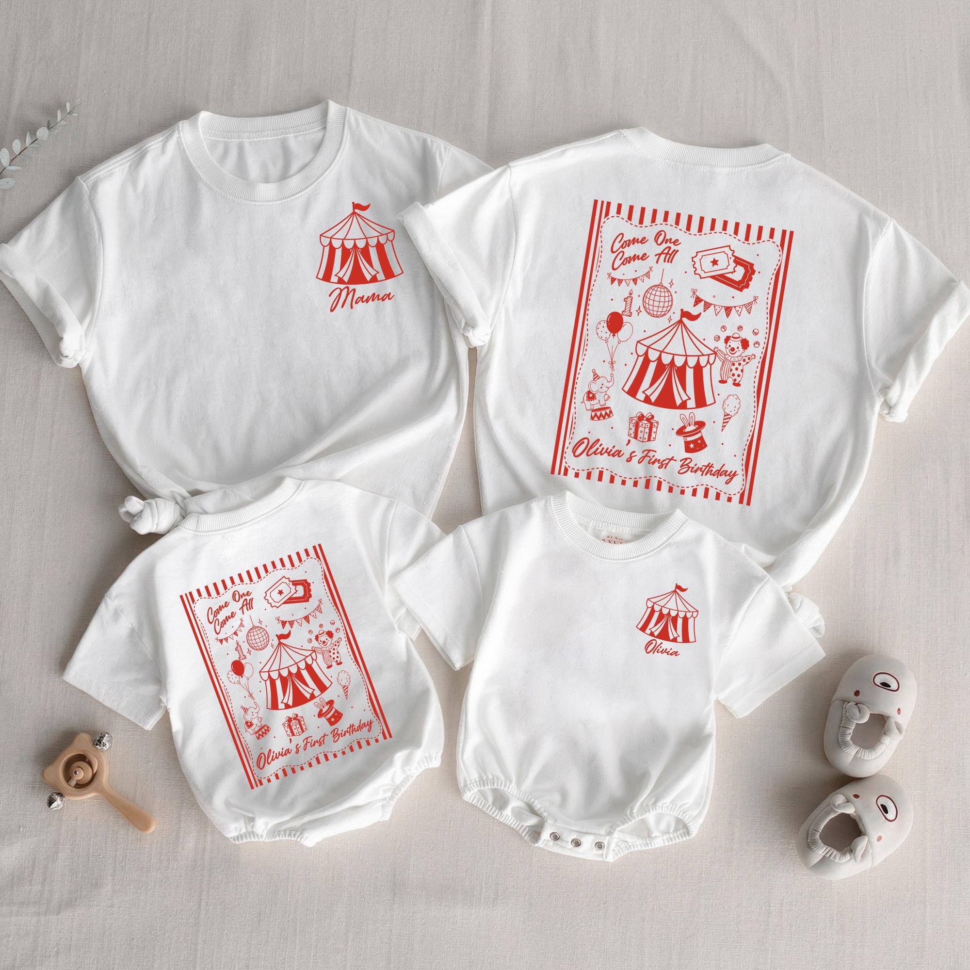 Come One Come All Circus Birthday Family Shirts with Custom Name, Matching First Birthday Outfits, Personalized Party Set