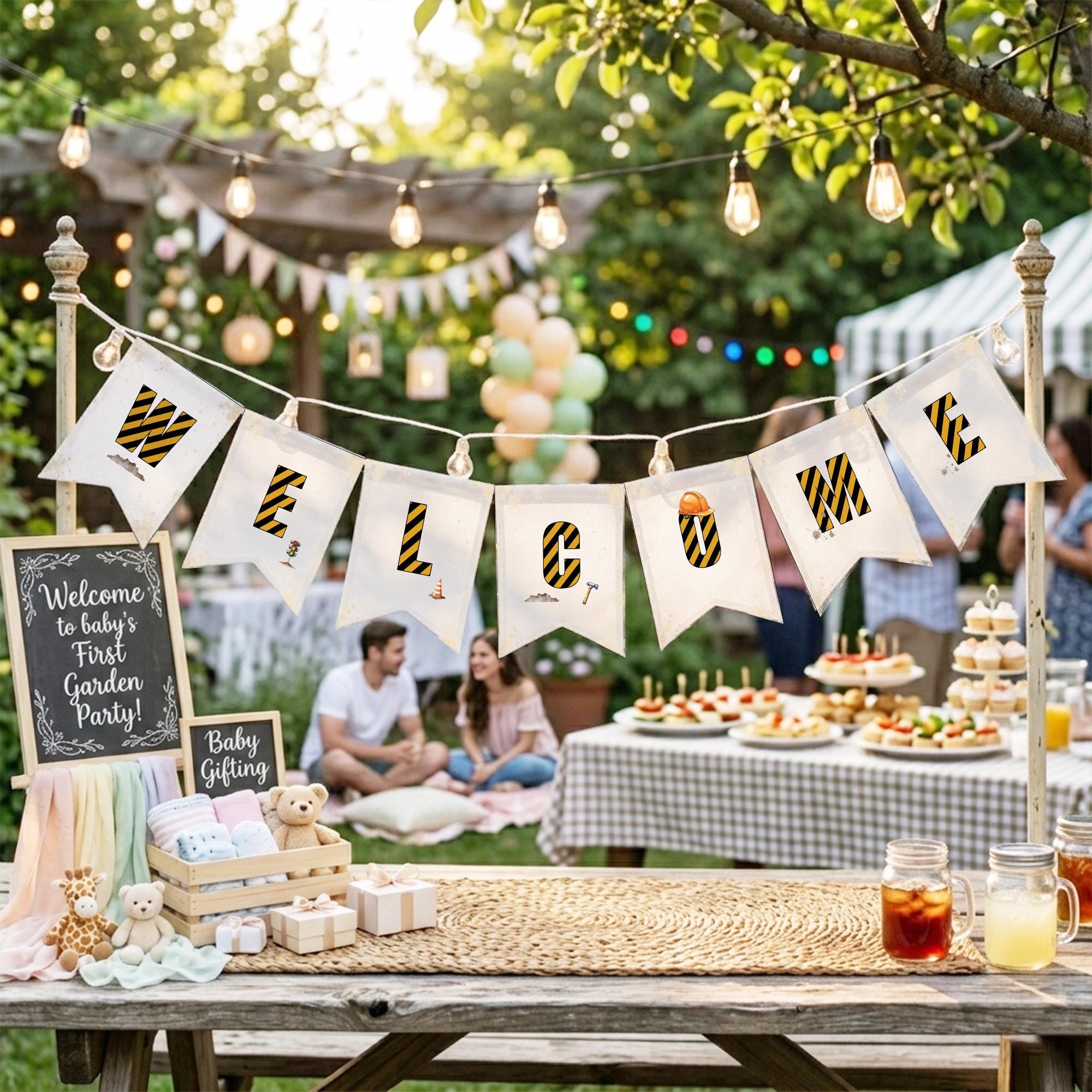 Construction Welcome Banner Garland with Hazard Stripe Letters Fun Builder Baby Shower Party Decor Boy Birthday Bunting with Traffic Cone Graphics