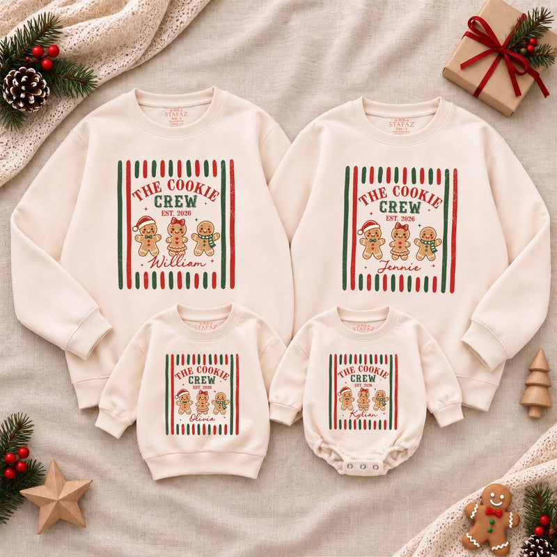 The Cookie Crew Family Christmas Sweatshirts with Custom Names, Matching Gingerbread Holiday Outfits for Kids, Adults & Babies
