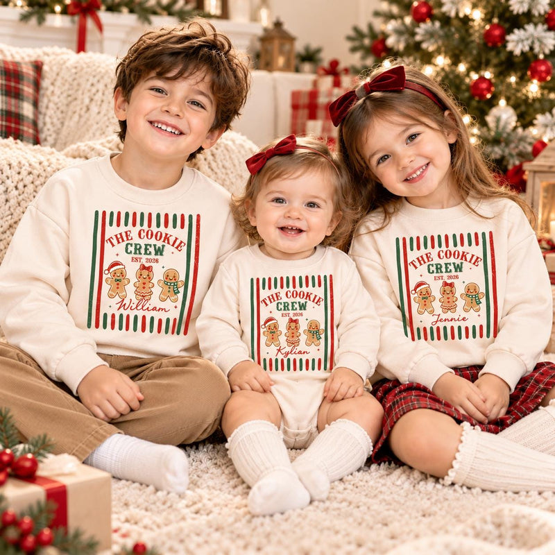 The Cookie Crew Family Christmas Sweatshirts with Custom Names, Matching Gingerbread Holiday Outfits for Kids, Adults & Babies
