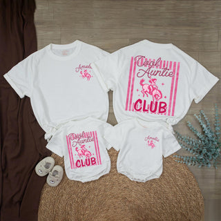 Cool Auntie Club Western Matching Family Outfits with Pink Cowgirl Graphic, Custom Name Baby Romper and T-Shirt Set