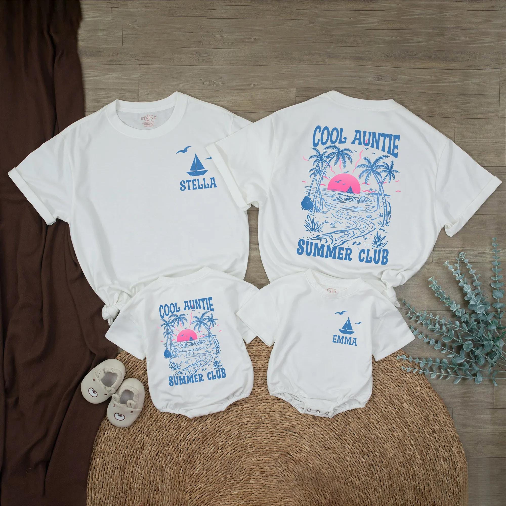 Cool Auntie Summer Club Matching Shirts and Baby Romper Set with Custom Names, Tropical Beach Design Family Outfit