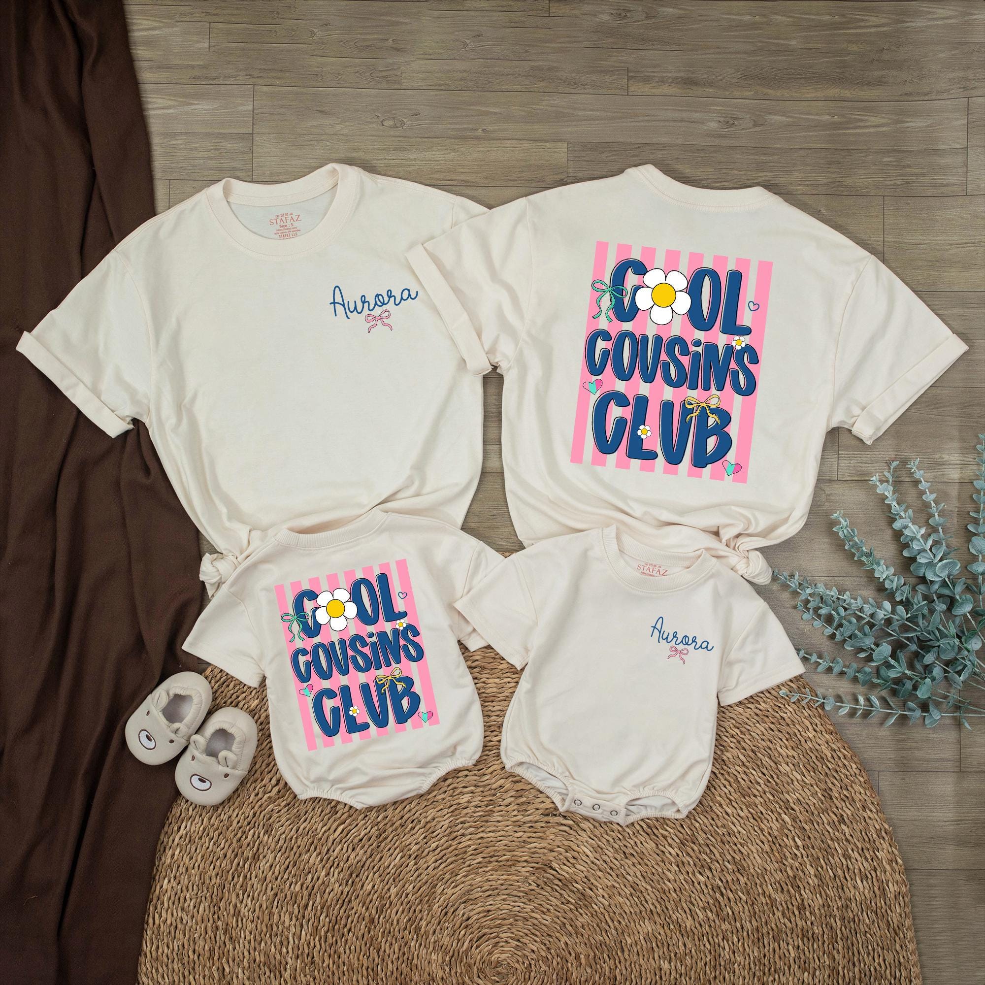 Cool Cousins Club Matching Family Shirts with Custom Name, Retro Daisy Design, Family Vacation T-Shirts and Baby Rompers