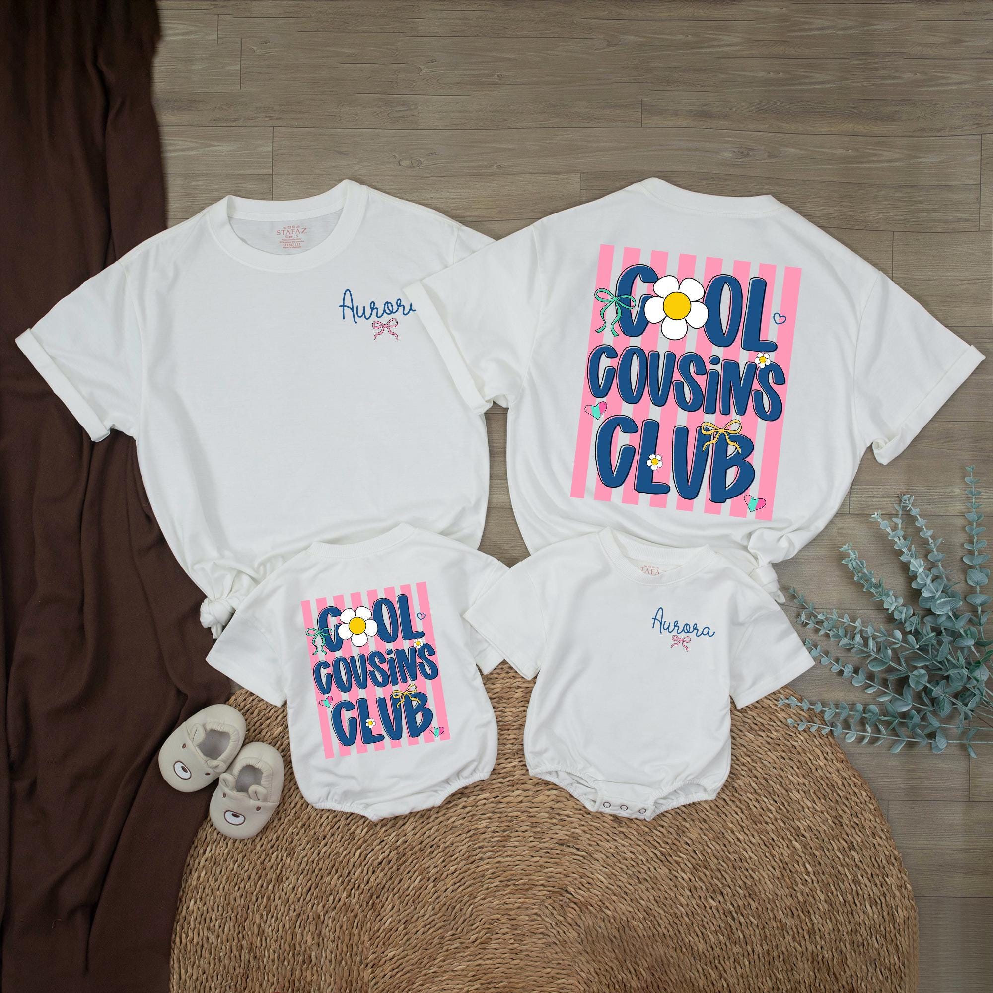 Cool Cousins Club Matching Family Shirts with Custom Name, Retro Daisy Design, Family Vacation T-Shirts and Baby Rompers