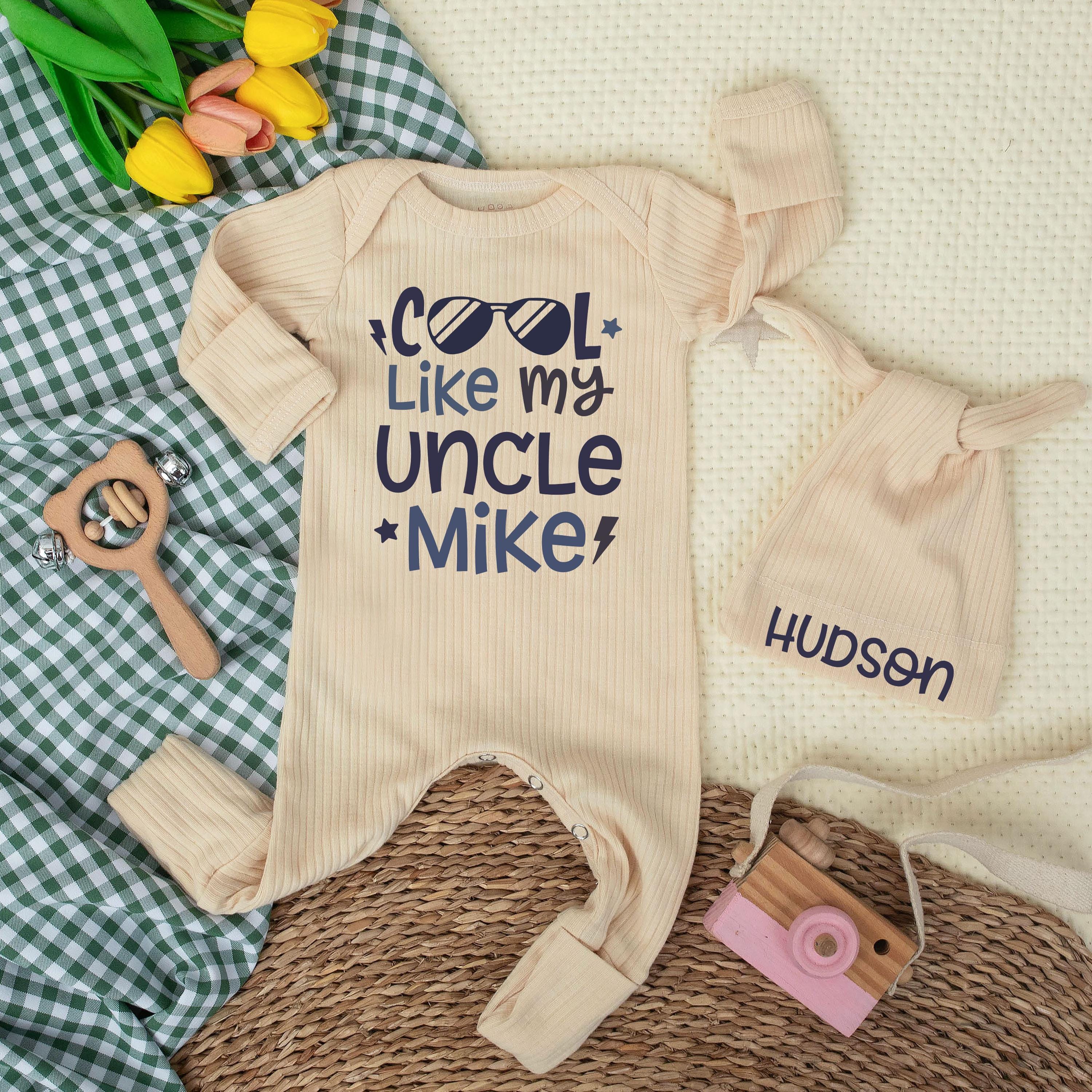 Cool Like My Uncle Baby Bodysuit and Hat Set with Custom Name, Funny Newborn Outfit, Baby Shower Gift, Cute Infant Clothing