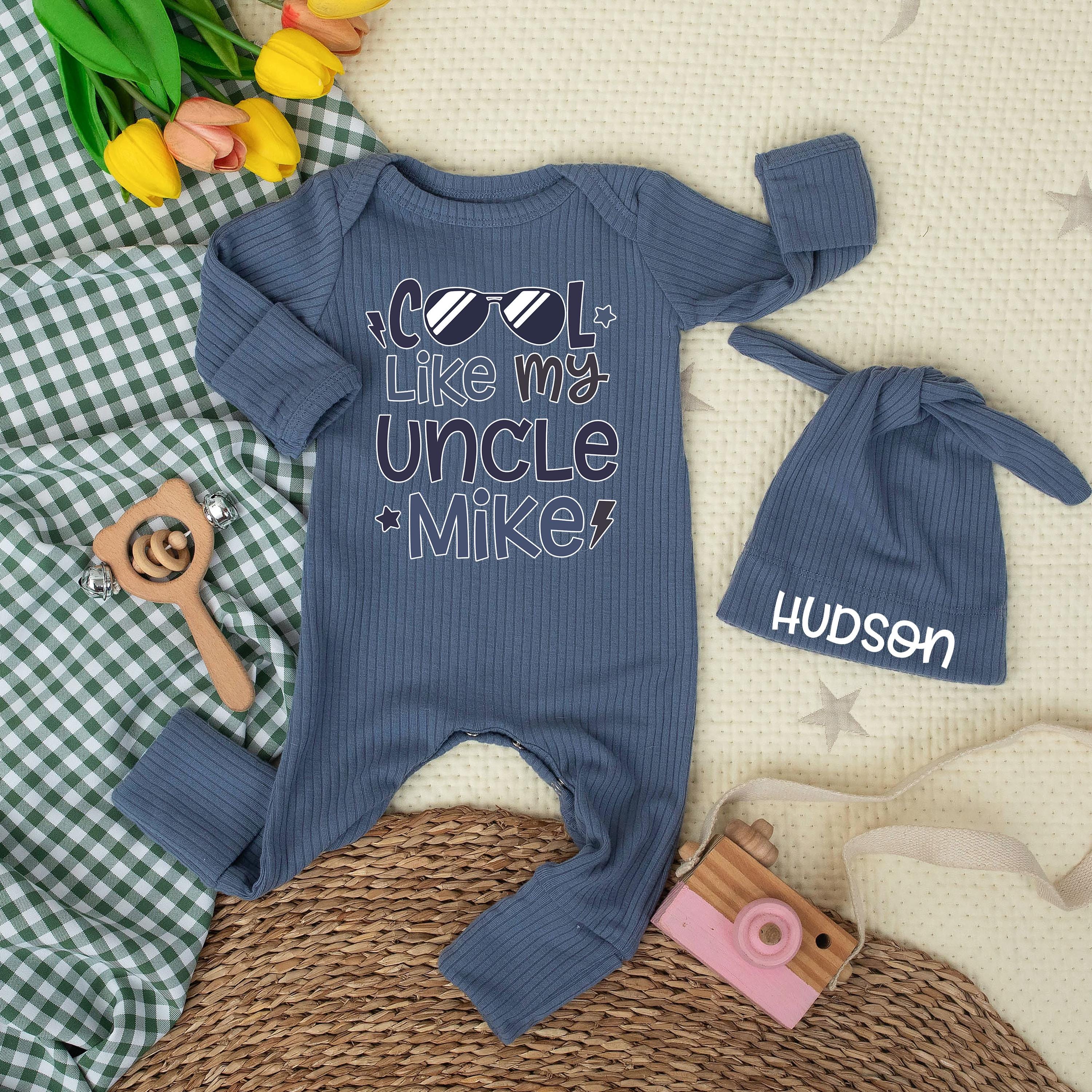 Cool Like My Uncle Baby Bodysuit and Hat Set with Custom Name, Funny Newborn Outfit, Baby Shower Gift, Cute Infant Clothing