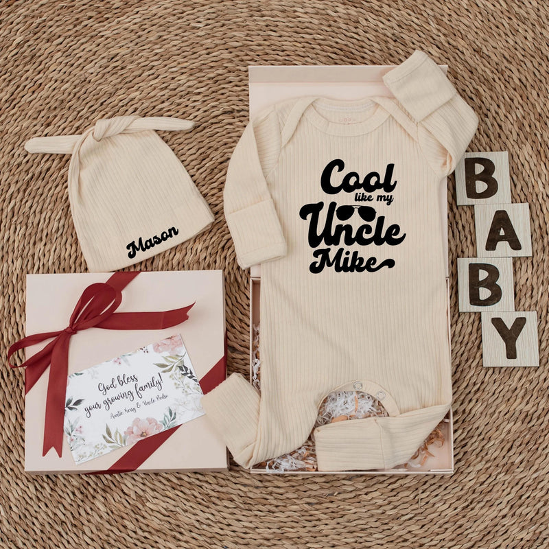 Cool Like My Uncle Mike Baby Bodysuit with Personalized Hat, Soft Cotton Newborn Outfit for Boys, Custom Baby Shower Gift or Milestone Photos