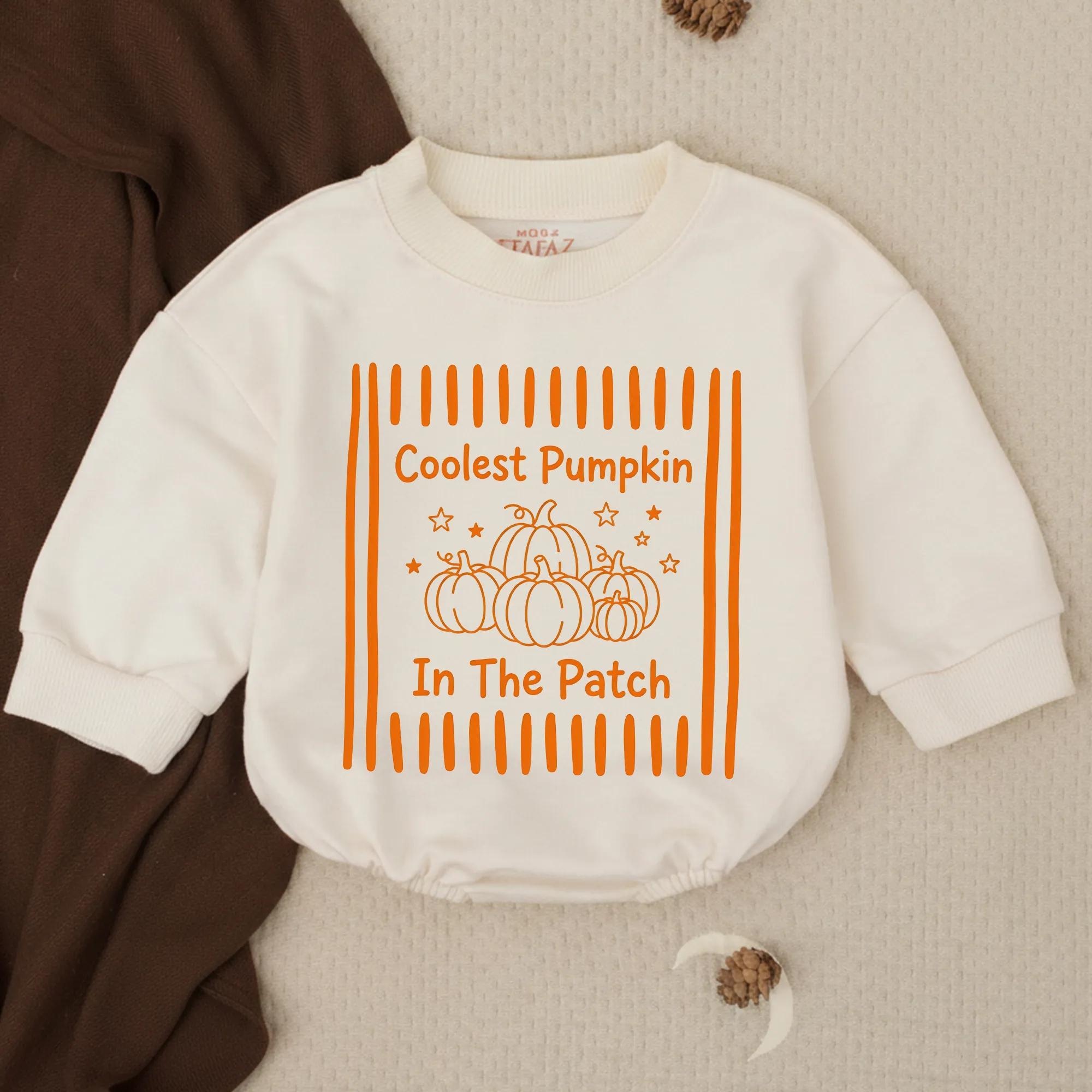 Coolest Pumpkin In The Patch Baby Bubble Romper with Pumpkin Graphic, Fall Halloween Newborn Outfit for Pumpkin Patch Trips