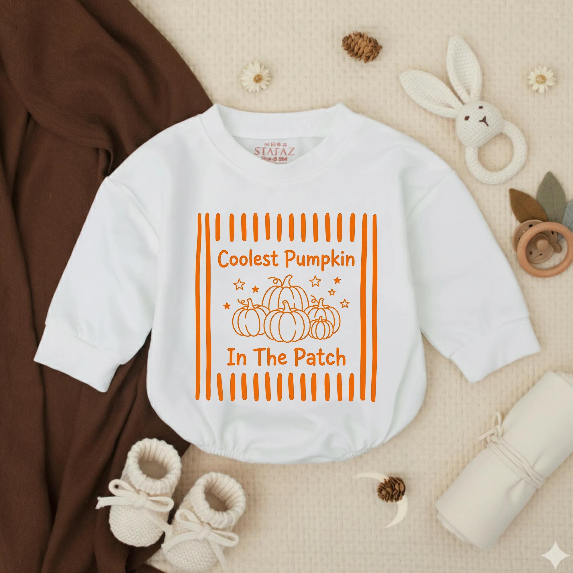 Coolest Pumpkin In The Patch Baby Bubble Romper with Pumpkin Graphic, Fall Halloween Newborn Outfit for Pumpkin Patch Trips