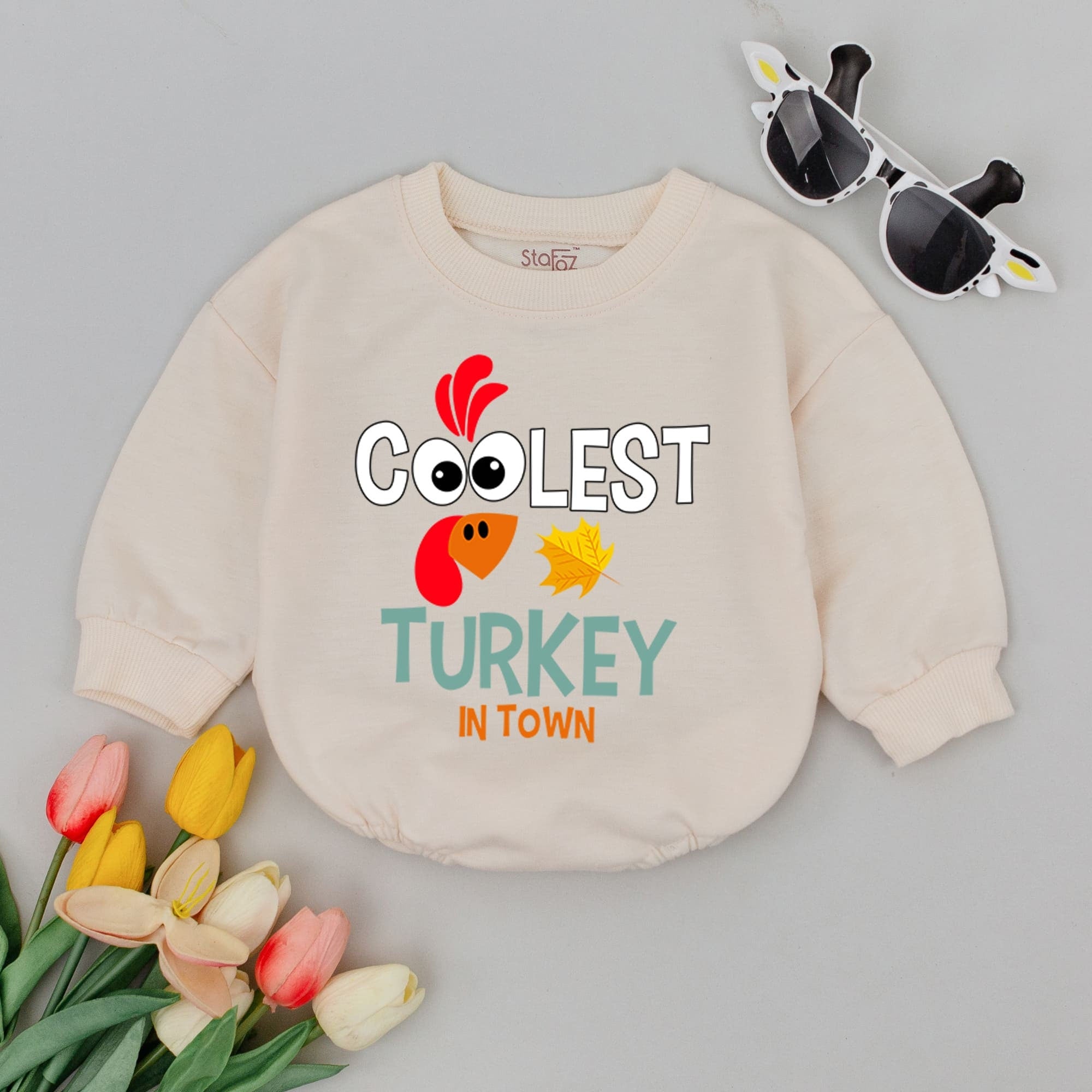 Coolest Turkey In Town Baby Romper Fun Cartoon Thanksgiving Outfit Soft Retro Fall Bodysuit Gift for Infant or Toddler Holiday Wear