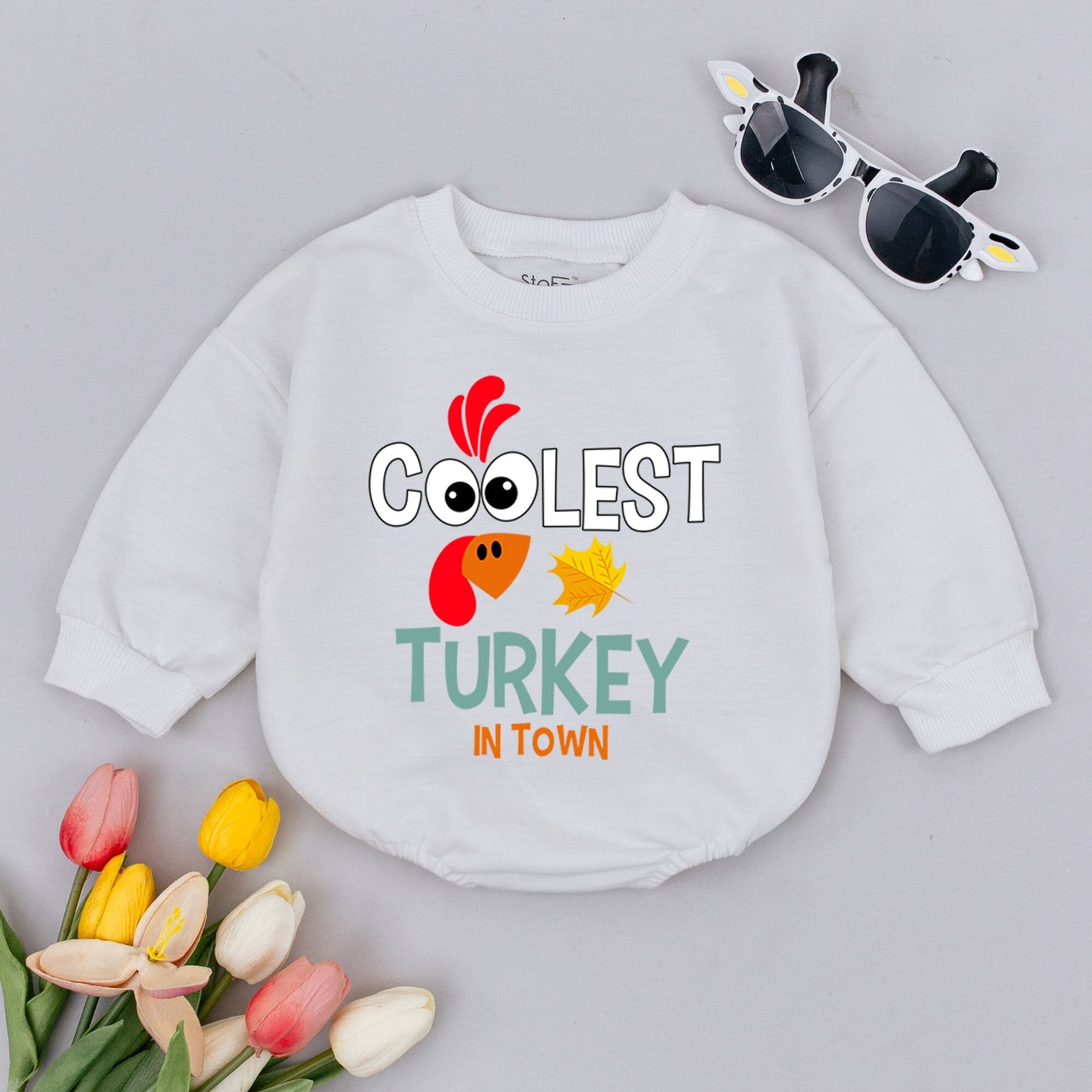 Coolest Turkey In Town Baby Romper Fun Cartoon Thanksgiving Outfit Soft Retro Fall Bodysuit Gift for Infant or Toddler Holiday Wear