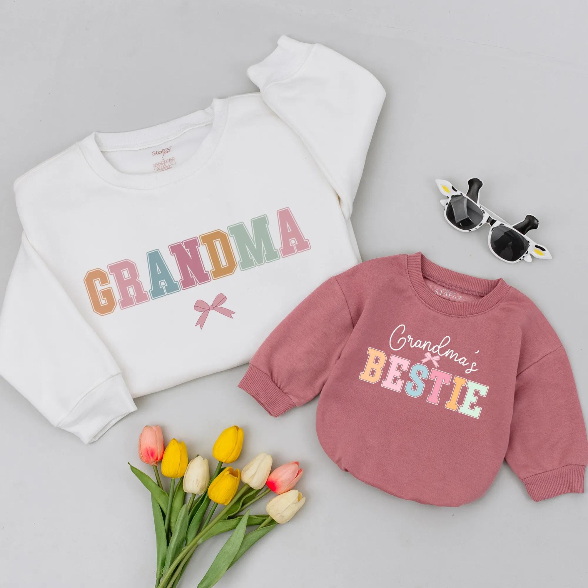 Coquette Grandma and Me Matching Sweatshirts with Pastel Typography Grandma's Bestie Design Gift for New Grandma and Baby Outfit
