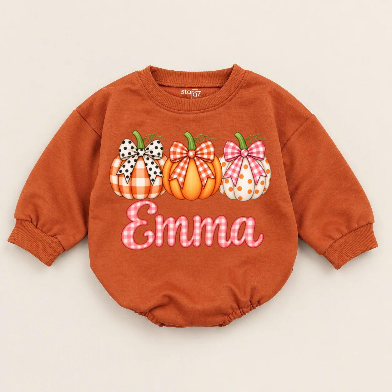Coquette Pumpkin Baby Romper with Bow Graphic and Custom Name, Thanksgiving Infant Outfit, Fall Baby Shower Gift