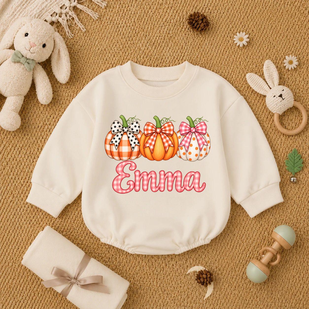 Coquette Pumpkin Baby Romper with Bow Graphic and Custom Name, Thanksgiving Infant Outfit, Fall Baby Shower Gift