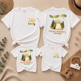 Cousin Camp Matching T-Shirts with Custom Name, Retro Summer Camp Tee for Family Reunions, Making Memories Together Outfit